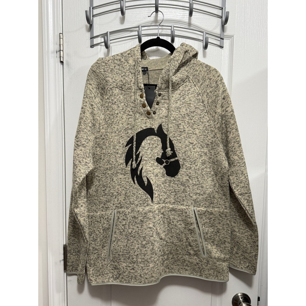 Sheilay Womens XL Horse Graphic Hoodie Marled Tan Henley Fleece Pullover‎ NWT
